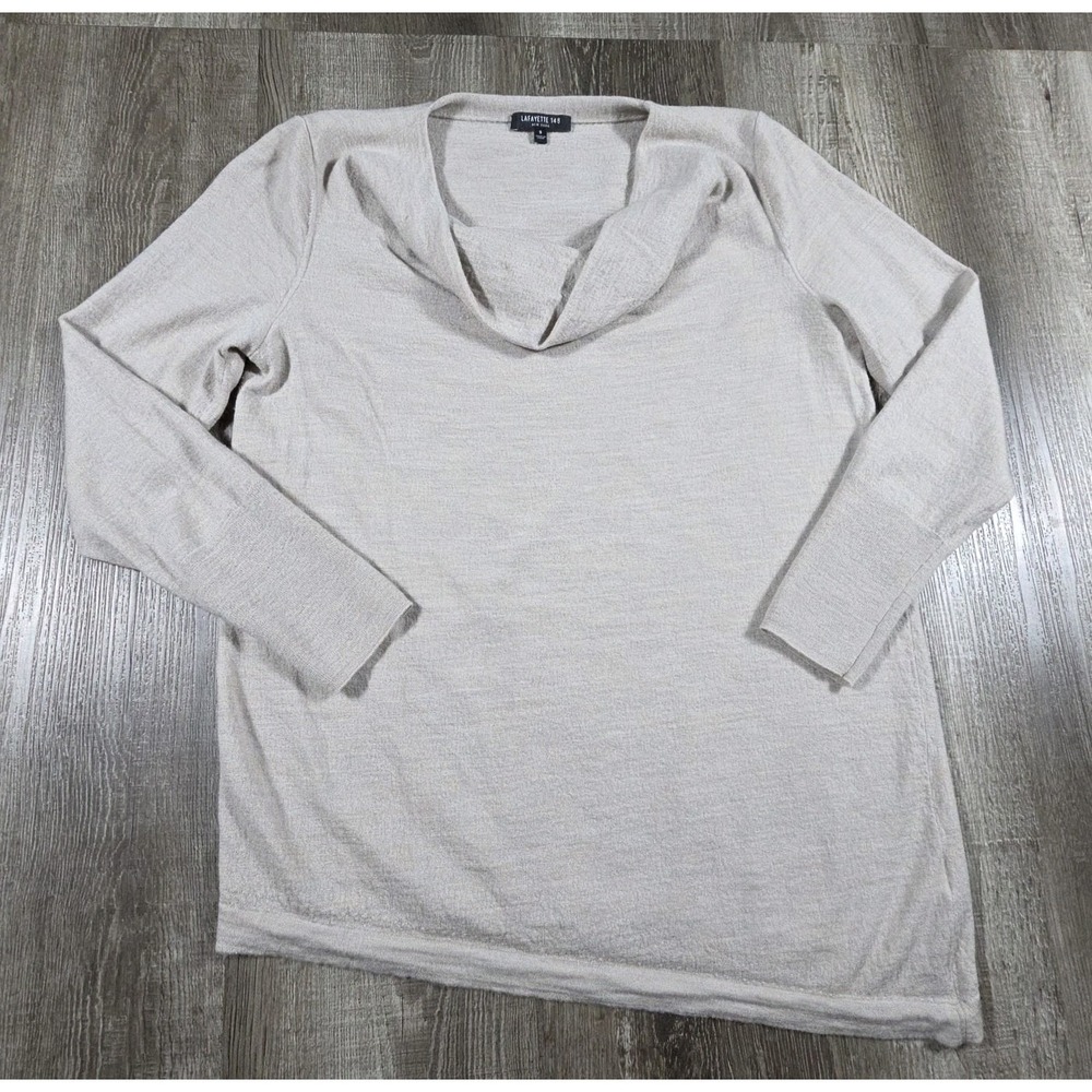 lafayette 148 small 100% wool tunic sweater beige cowl neck minimalist light